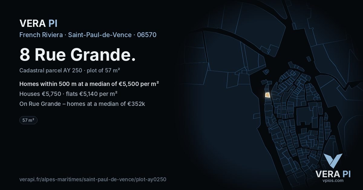 8 Rue Grande, Saint-Paul-de-Vence at night – the plot lit, the parcels around coloured by the prices near them