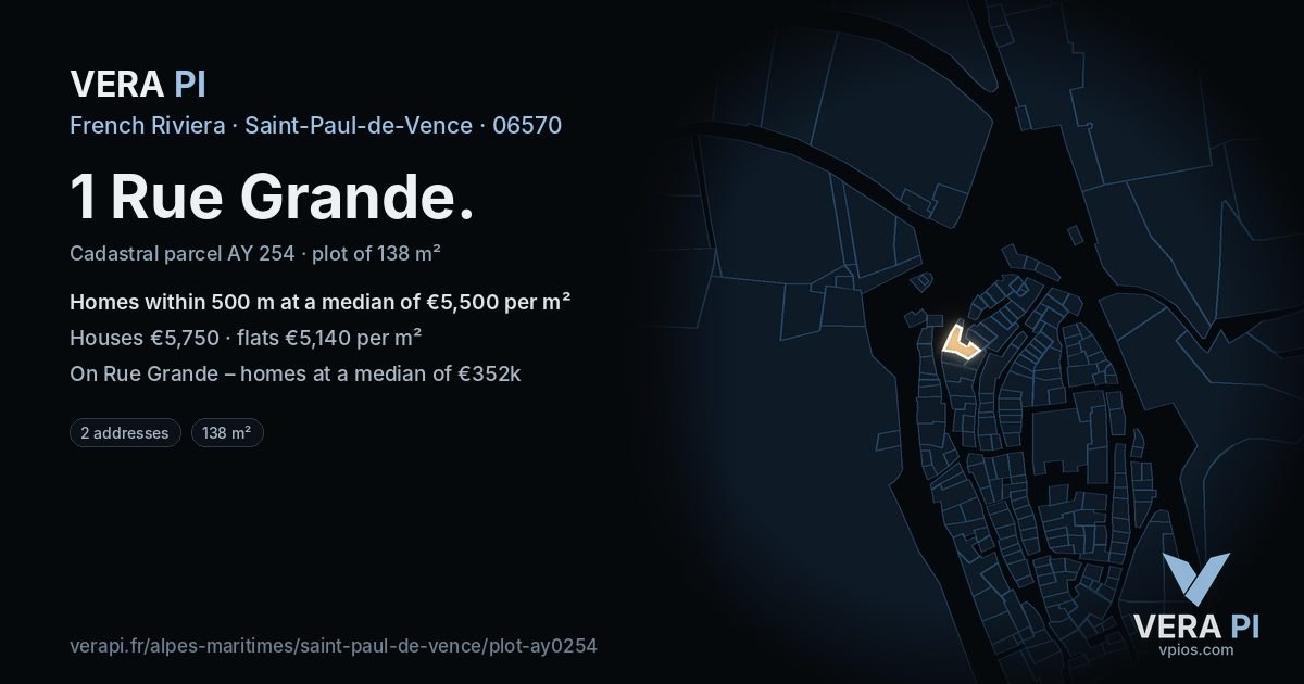 1 Rue Grande, Saint-Paul-de-Vence at night – the plot lit, the parcels around coloured by the prices near them