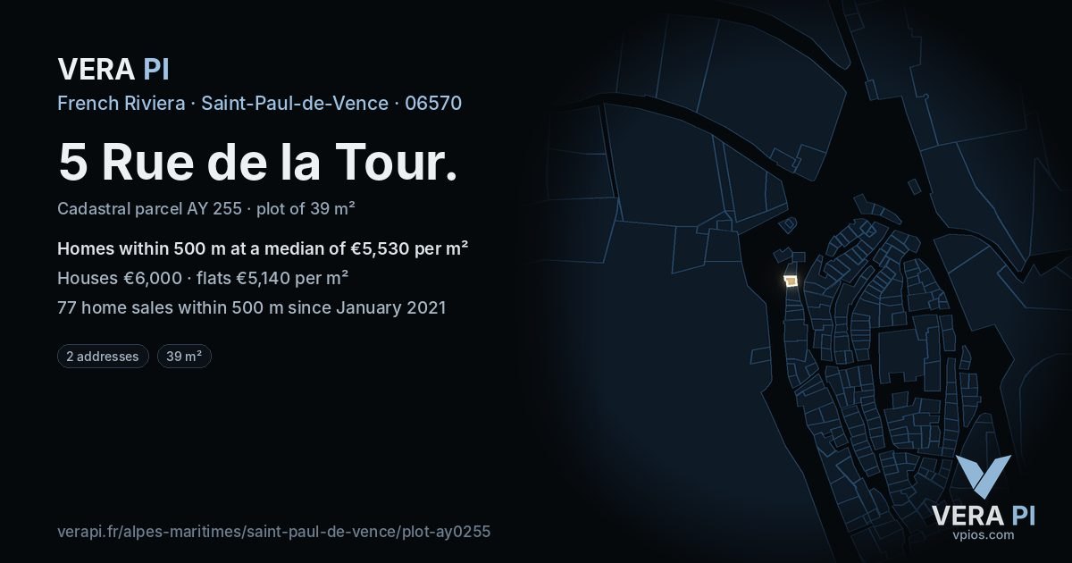 5 Rue de la Tour, Saint-Paul-de-Vence at night – the plot lit, the parcels around coloured by the prices near them