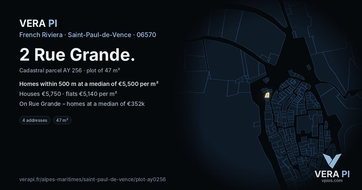 2 Rue Grande, Saint-Paul-de-Vence at night – the plot lit, the parcels around coloured by the prices near them