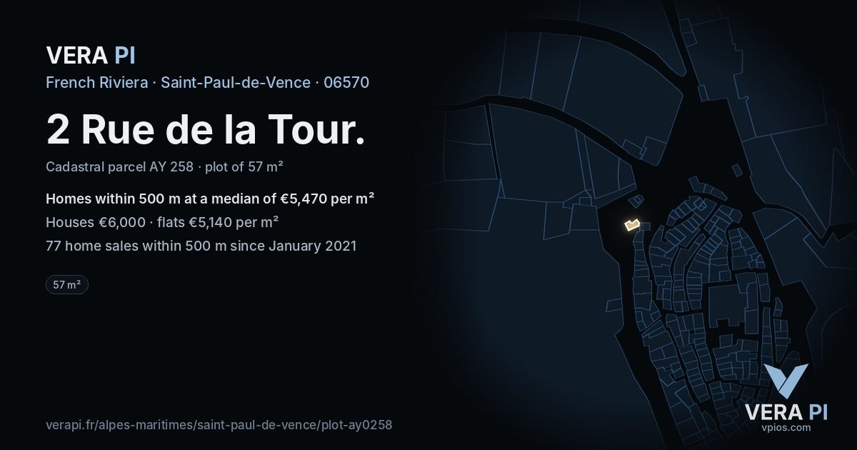 2 Rue de la Tour, Saint-Paul-de-Vence at night – the plot lit, the parcels around coloured by the prices near them