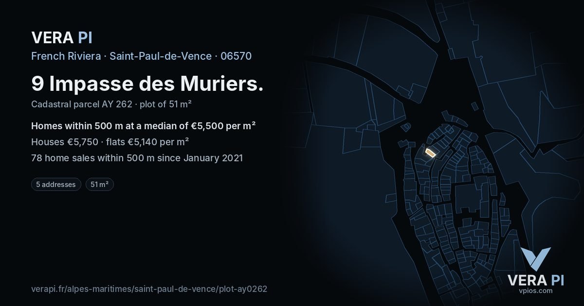 9 Impasse des Muriers, Saint-Paul-de-Vence at night – the plot lit, the parcels around coloured by the prices near them