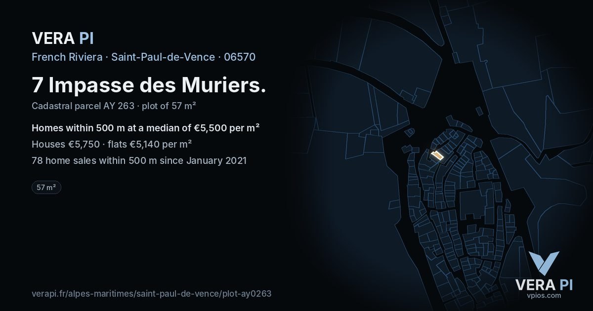 7 Impasse des Muriers, Saint-Paul-de-Vence at night – the plot lit, the parcels around coloured by the prices near them
