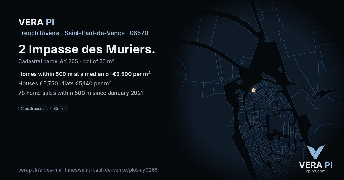 2 Impasse des Muriers, Saint-Paul-de-Vence at night – the plot lit, the parcels around coloured by the prices near them
