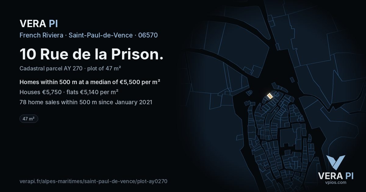 10 Rue de la Prison, Saint-Paul-de-Vence at night – the plot lit, the parcels around coloured by the prices near them