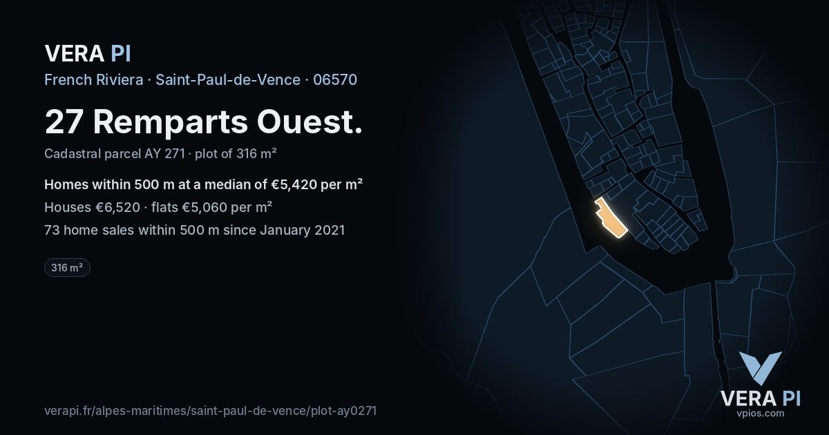 27 Remparts Ouest, Saint-Paul-de-Vence at night – the plot lit, the parcels around coloured by the prices near them
