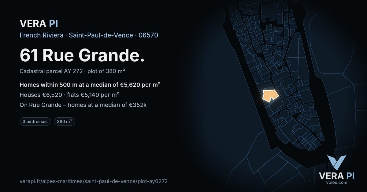 61 Rue Grande, Saint-Paul-de-Vence at night – the plot lit, the parcels around coloured by the prices near them