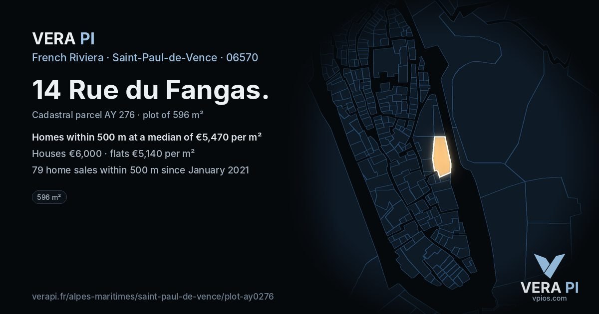 14 Rue du Fangas, Saint-Paul-de-Vence at night – the plot lit, the parcels around coloured by the prices near them