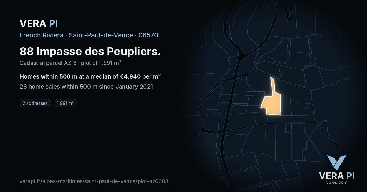 88 Impasse des Peupliers, Saint-Paul-de-Vence at night – the plot lit, the parcels around coloured by the prices near them