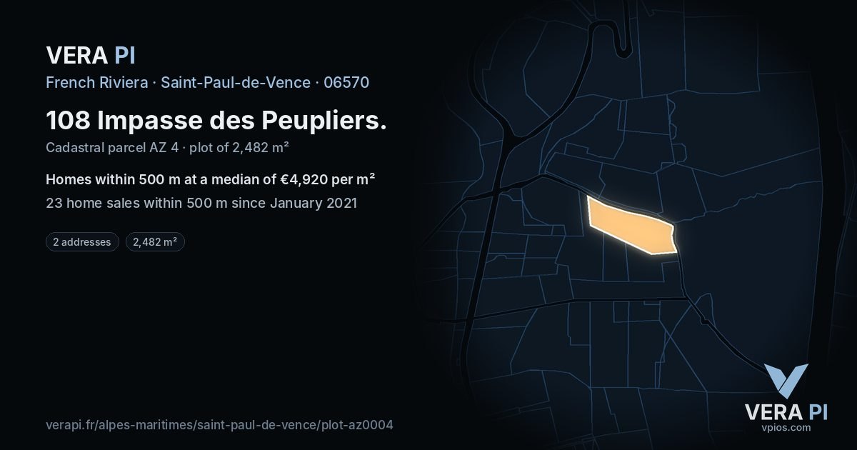 108 Impasse des Peupliers, Saint-Paul-de-Vence at night – the plot lit, the parcels around coloured by the prices near them