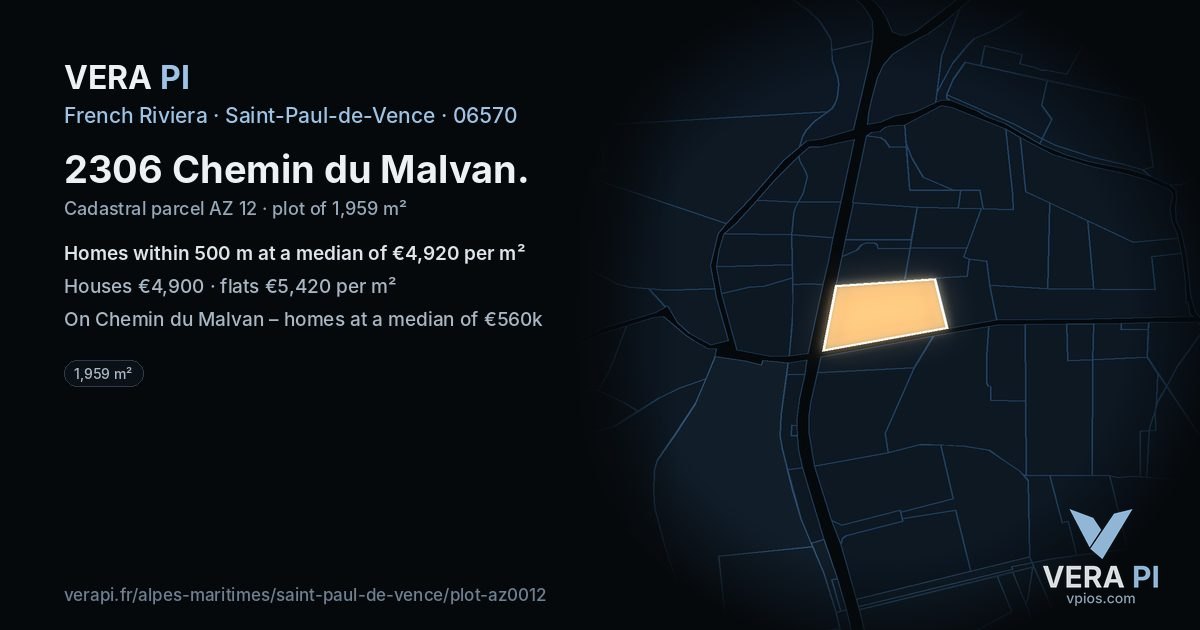 2306 Chemin du Malvan, Saint-Paul-de-Vence at night – the plot lit, the parcels around coloured by the prices near them