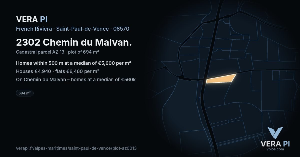 2302 Chemin du Malvan, Saint-Paul-de-Vence at night – the plot lit, the parcels around coloured by the prices near them