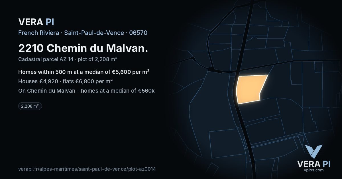 2210 Chemin du Malvan, Saint-Paul-de-Vence at night – the plot lit, the parcels around coloured by the prices near them