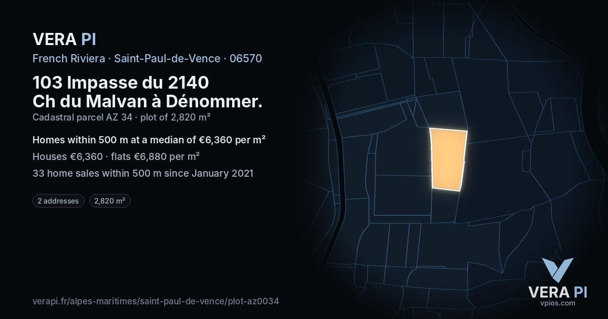 103 Impasse du 2140 Ch du Malvan à Dénommer, Saint-Paul-de-Vence at night – the plot lit, the parcels around coloured by the prices near them