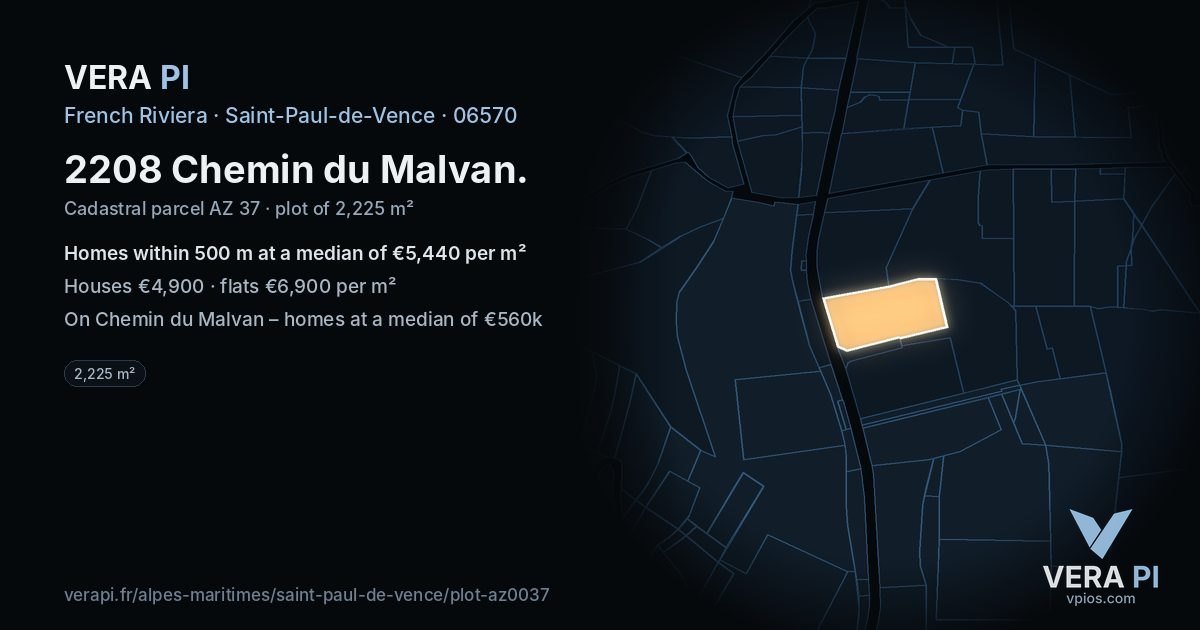 2208 Chemin du Malvan, Saint-Paul-de-Vence at night – the plot lit, the parcels around coloured by the prices near them