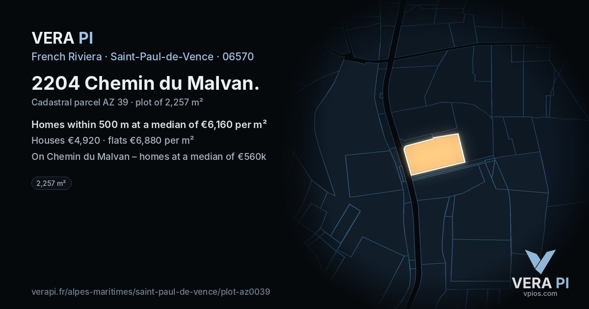 2204 Chemin du Malvan, Saint-Paul-de-Vence at night – the plot lit, the parcels around coloured by the prices near them
