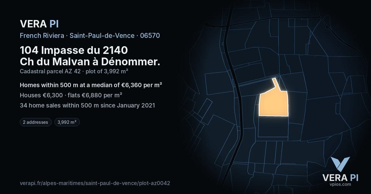 104 Impasse du 2140 Ch du Malvan à Dénommer, Saint-Paul-de-Vence at night – the plot lit, the parcels around coloured by the prices near them