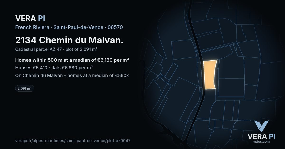 2134 Chemin du Malvan, Saint-Paul-de-Vence at night – the plot lit, the parcels around coloured by the prices near them