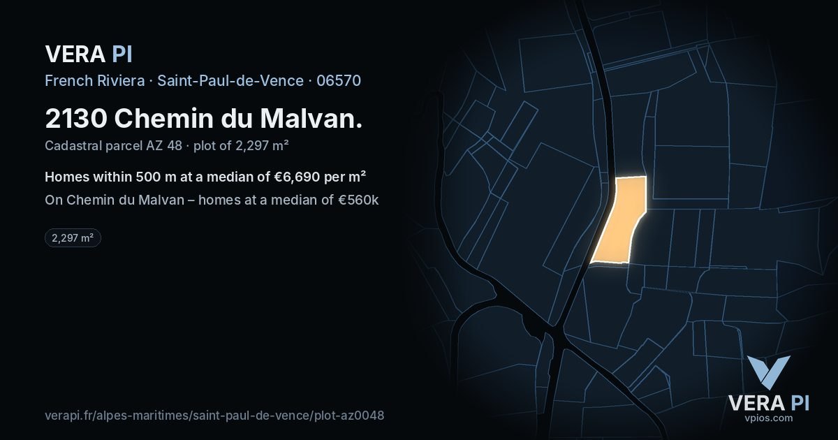 2130 Chemin du Malvan, Saint-Paul-de-Vence at night – the plot lit, the parcels around coloured by the prices near them