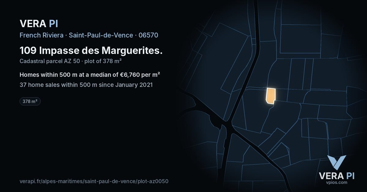 109 Impasse des Marguerites, Saint-Paul-de-Vence at night – the plot lit, the parcels around coloured by the prices near them