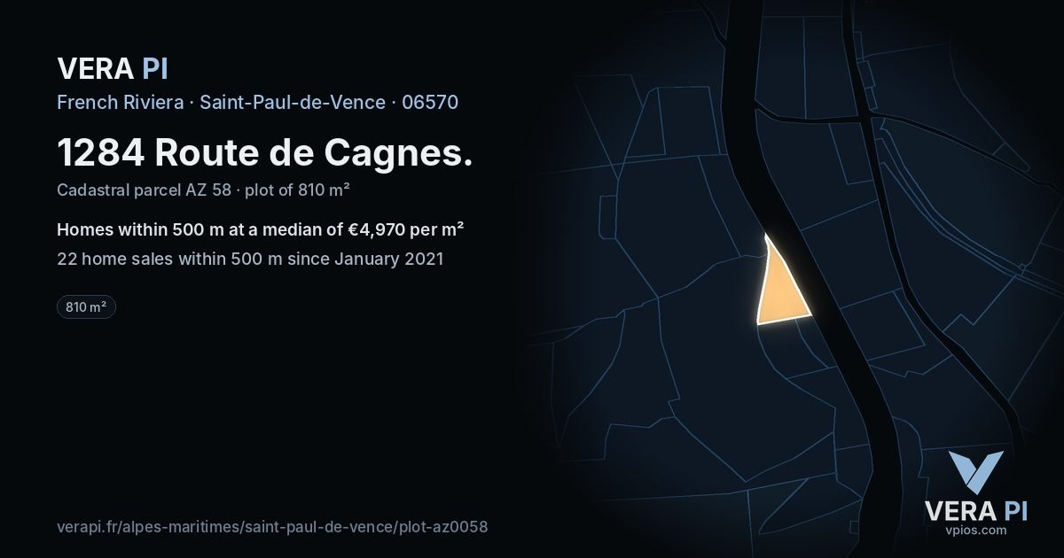1284 Route de Cagnes, Saint-Paul-de-Vence at night – the plot lit, the parcels around coloured by the prices near them