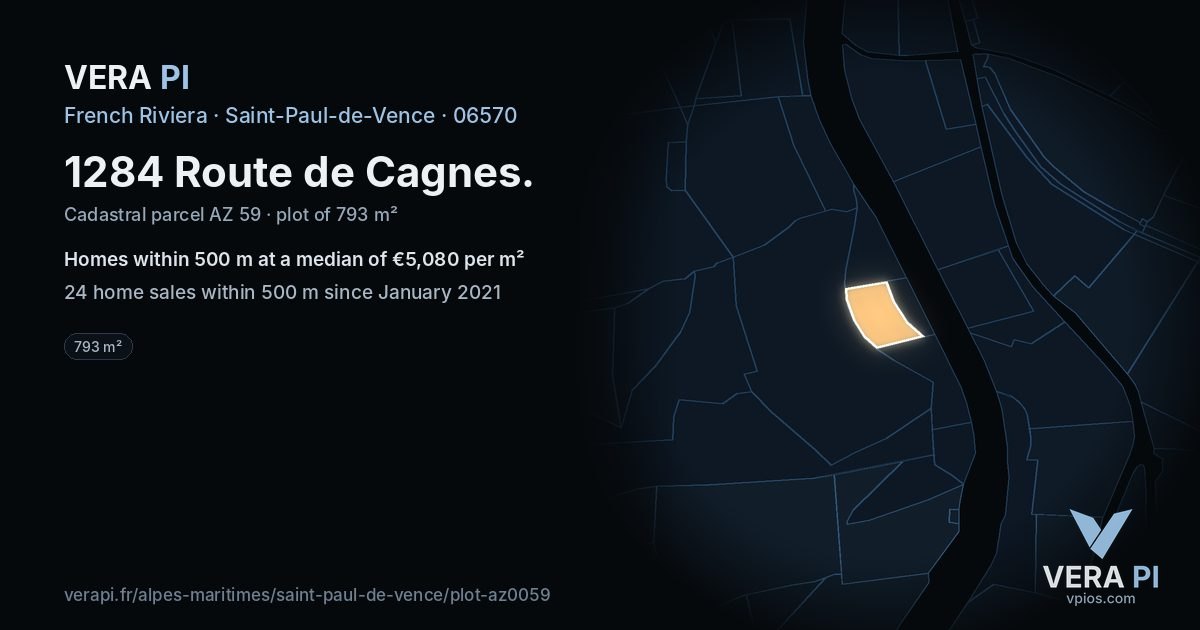 1284 Route de Cagnes, Saint-Paul-de-Vence at night – the plot lit, the parcels around coloured by the prices near them