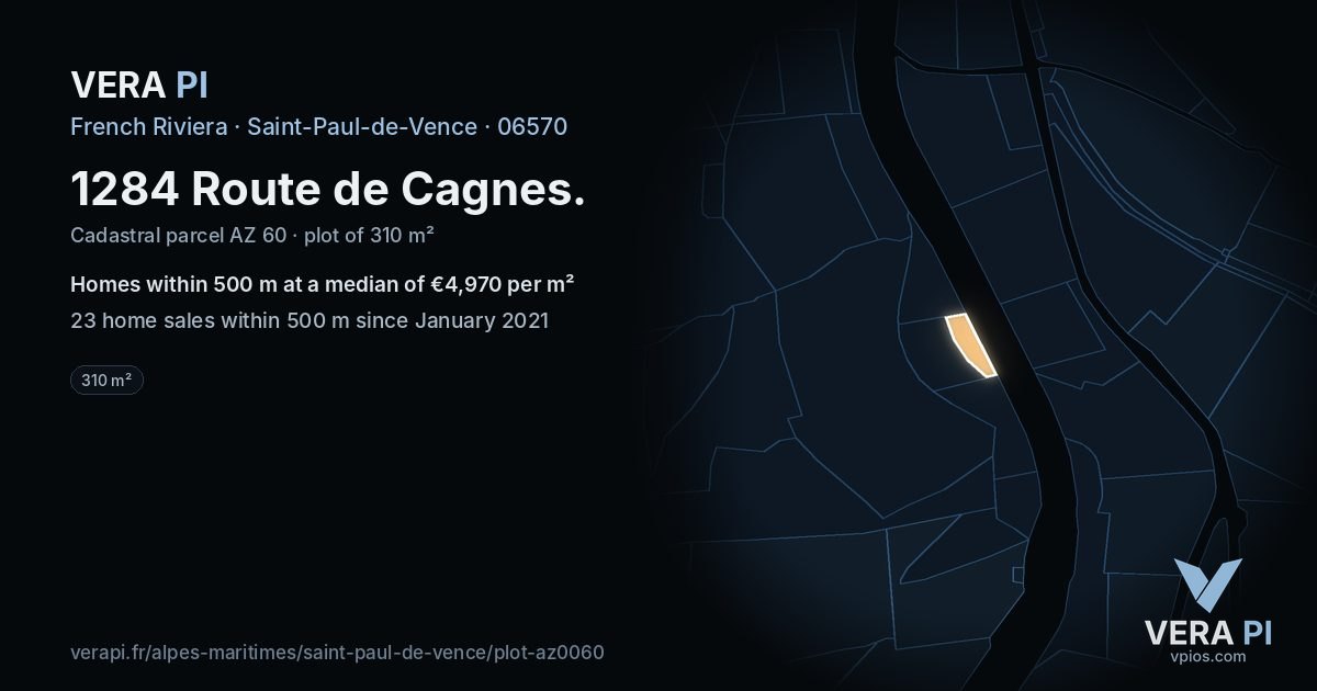 1284 Route de Cagnes, Saint-Paul-de-Vence at night – the plot lit, the parcels around coloured by the prices near them