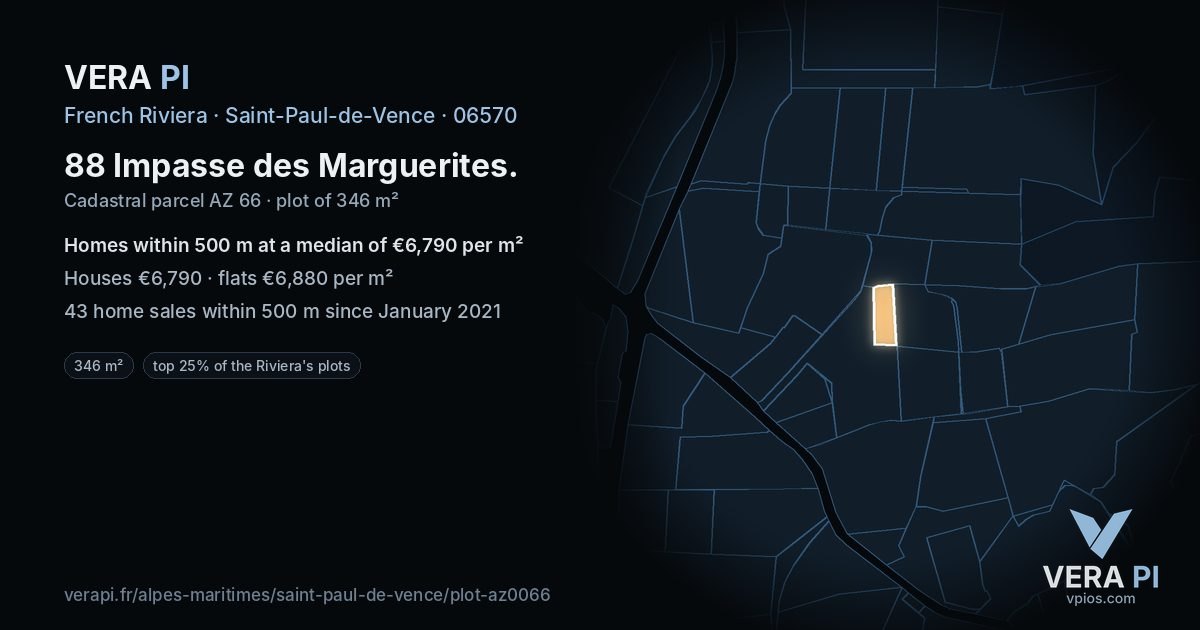 88 Impasse des Marguerites, Saint-Paul-de-Vence at night – the plot lit, the parcels around coloured by the prices near them