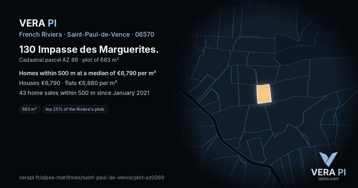 130 Impasse des Marguerites, Saint-Paul-de-Vence at night – the plot lit, the parcels around coloured by the prices near them