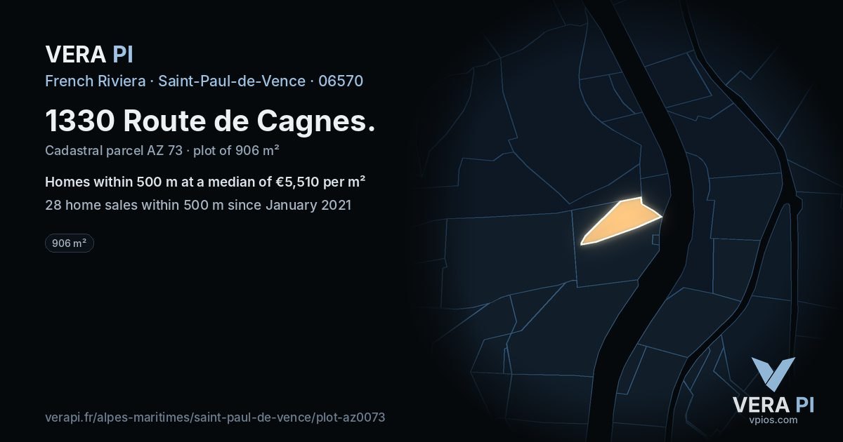 1330 Route de Cagnes, Saint-Paul-de-Vence at night – the plot lit, the parcels around coloured by the prices near them