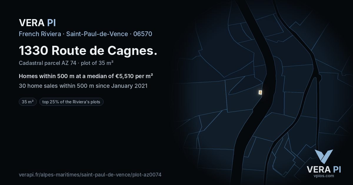 1330 Route de Cagnes, Saint-Paul-de-Vence at night – the plot lit, the parcels around coloured by the prices near them