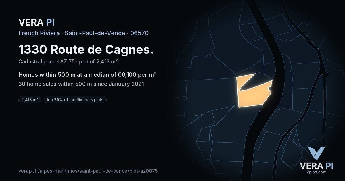 1330 Route de Cagnes, Saint-Paul-de-Vence at night – the plot lit, the parcels around coloured by the prices near them