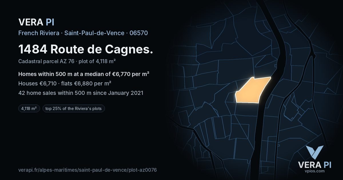 1484 Route de Cagnes, Saint-Paul-de-Vence at night – the plot lit, the parcels around coloured by the prices near them