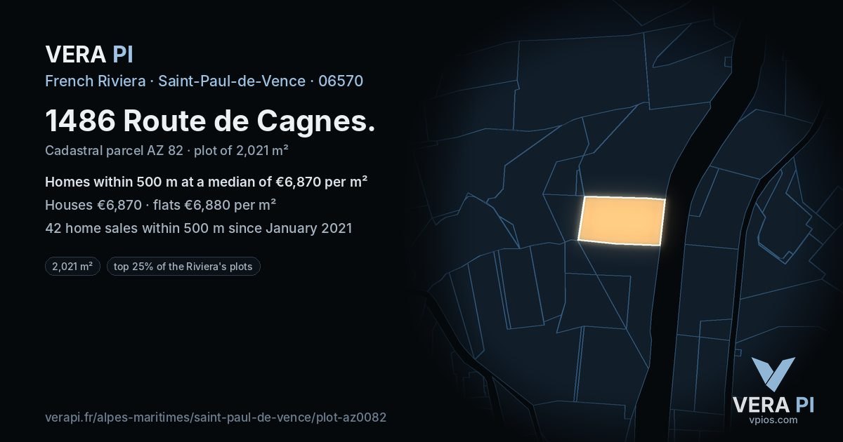 1486 Route de Cagnes, Saint-Paul-de-Vence at night – the plot lit, the parcels around coloured by the prices near them