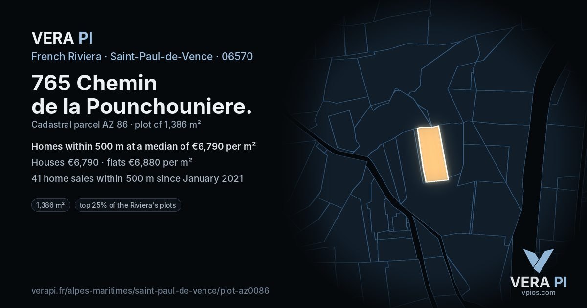 765 Chemin de la Pounchouniere, Saint-Paul-de-Vence at night – the plot lit, the parcels around coloured by the prices near them
