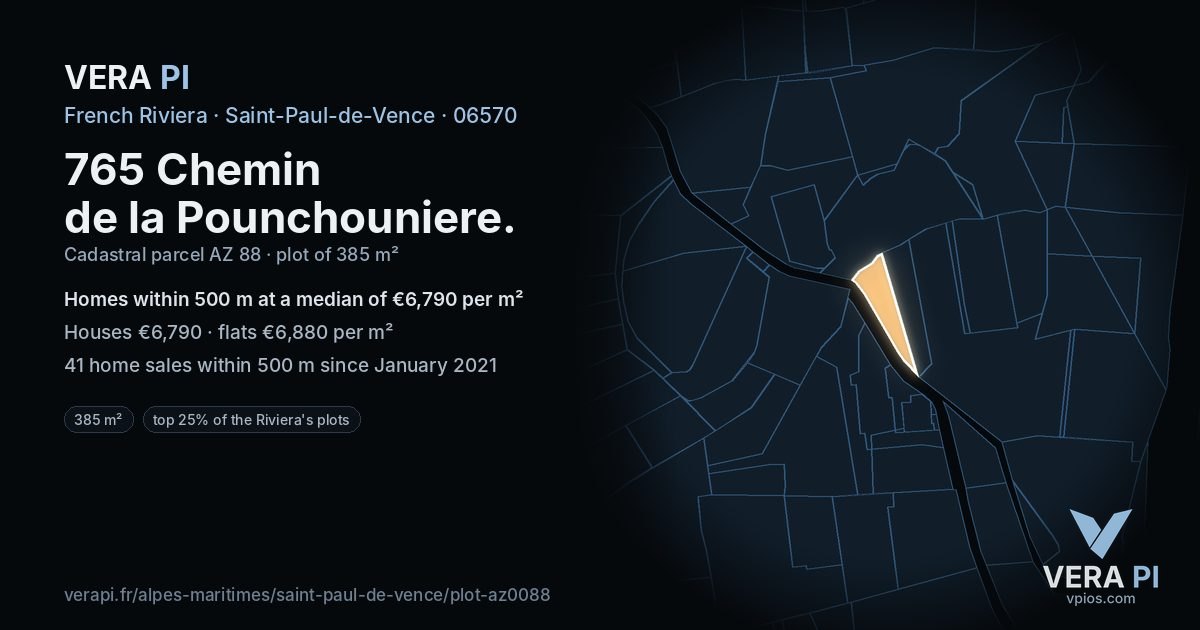 765 Chemin de la Pounchouniere, Saint-Paul-de-Vence at night – the plot lit, the parcels around coloured by the prices near them