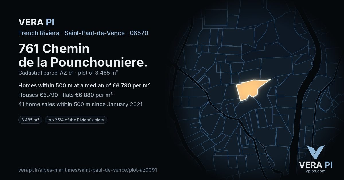 761 Chemin de la Pounchouniere, Saint-Paul-de-Vence at night – the plot lit, the parcels around coloured by the prices near them