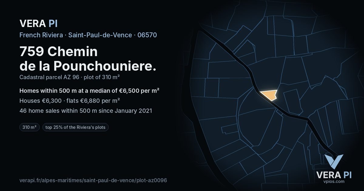 759 Chemin de la Pounchouniere, Saint-Paul-de-Vence at night – the plot lit, the parcels around coloured by the prices near them