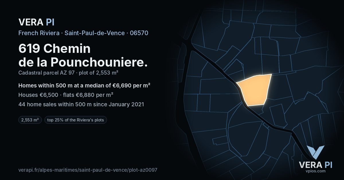 619 Chemin de la Pounchouniere, Saint-Paul-de-Vence at night – the plot lit, the parcels around coloured by the prices near them