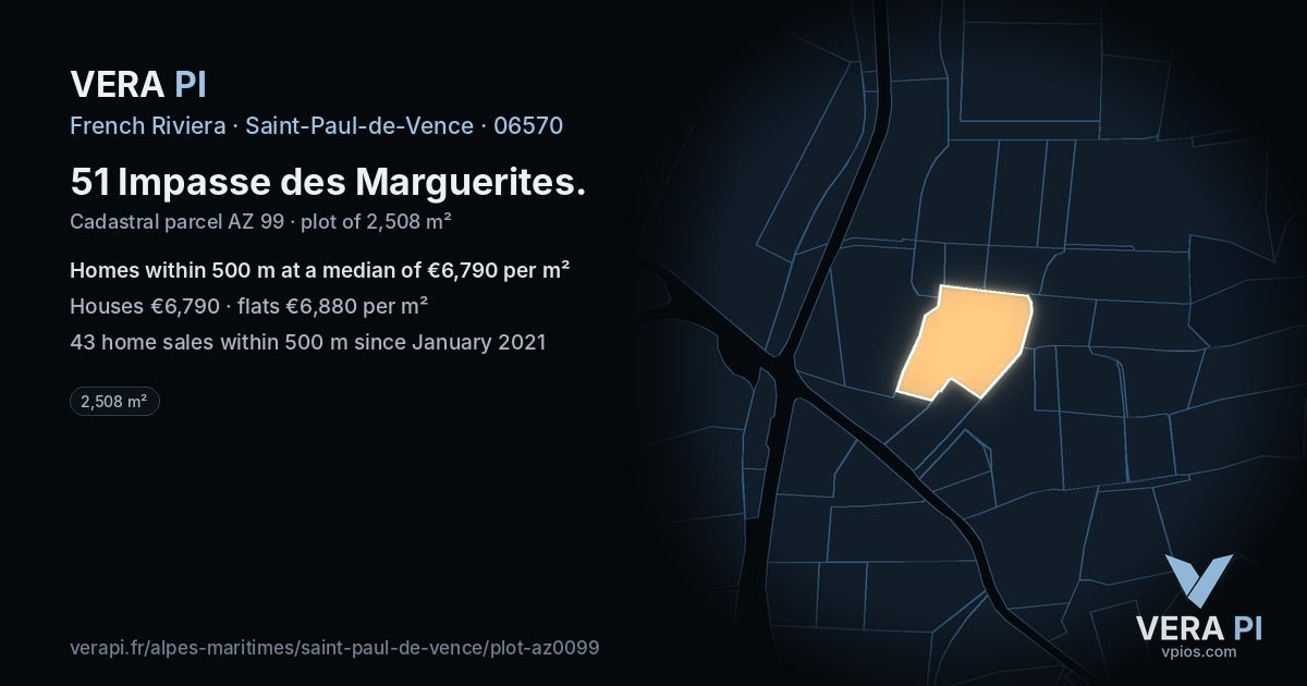 51 Impasse des Marguerites, Saint-Paul-de-Vence at night – the plot lit, the parcels around coloured by the prices near them