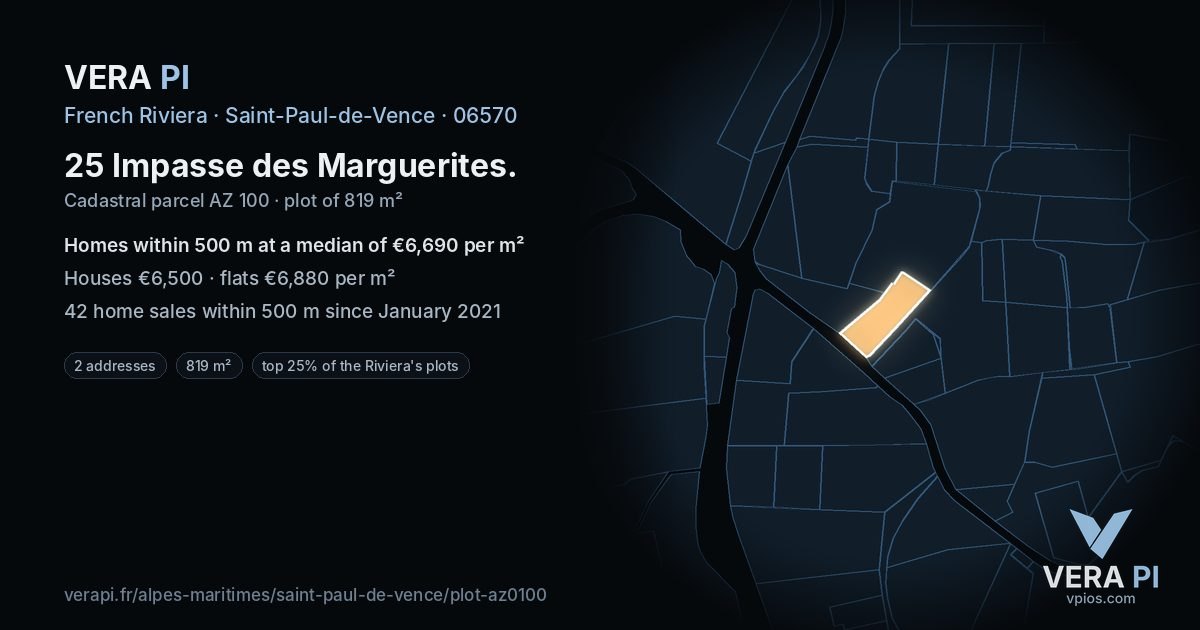 25 Impasse des Marguerites, Saint-Paul-de-Vence at night – the plot lit, the parcels around coloured by the prices near them