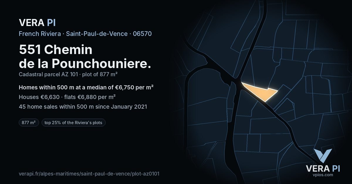 551 Chemin de la Pounchouniere, Saint-Paul-de-Vence at night – the plot lit, the parcels around coloured by the prices near them