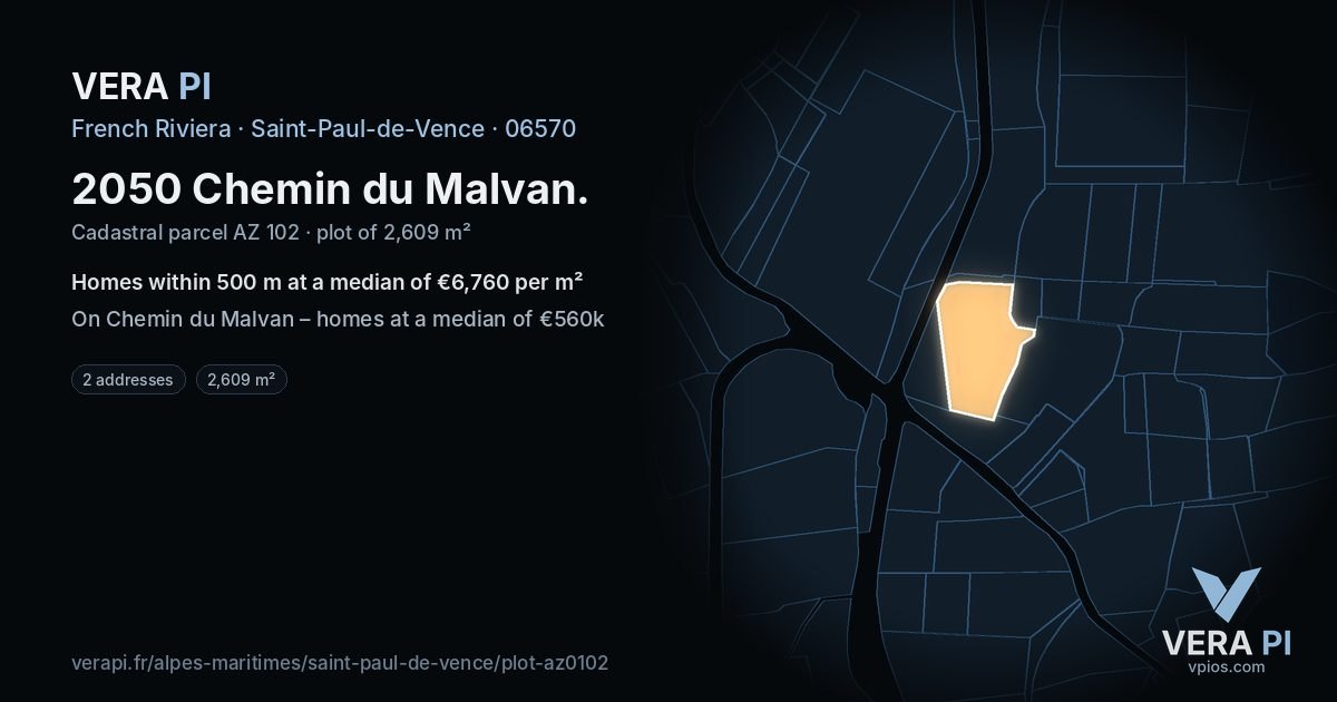 2050 Chemin du Malvan, Saint-Paul-de-Vence at night – the plot lit, the parcels around coloured by the prices near them