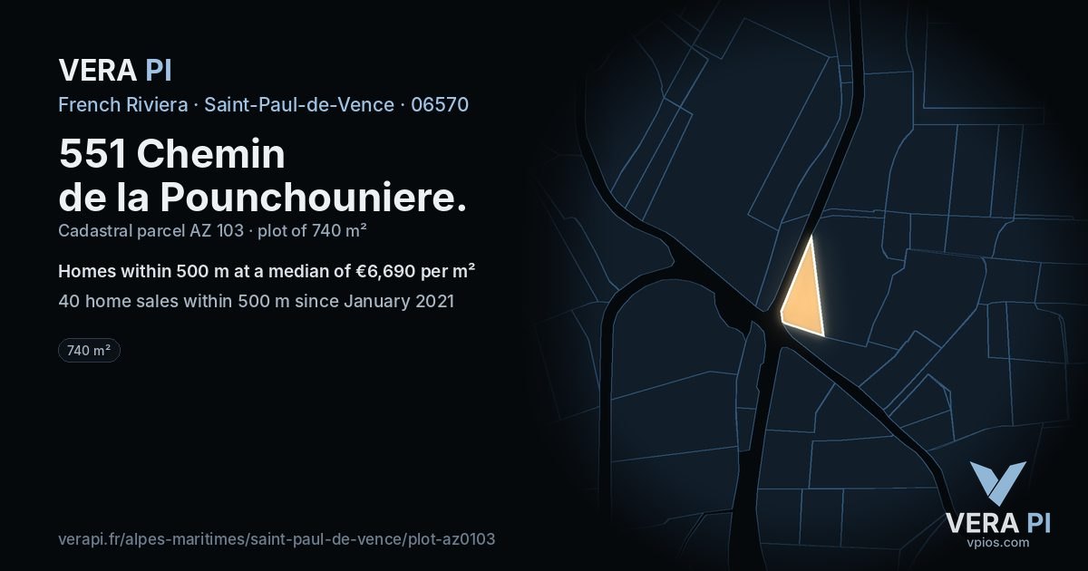 551 Chemin de la Pounchouniere, Saint-Paul-de-Vence at night – the plot lit, the parcels around coloured by the prices near them
