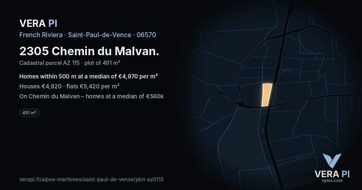 2305 Chemin du Malvan, Saint-Paul-de-Vence at night – the plot lit, the parcels around coloured by the prices near them