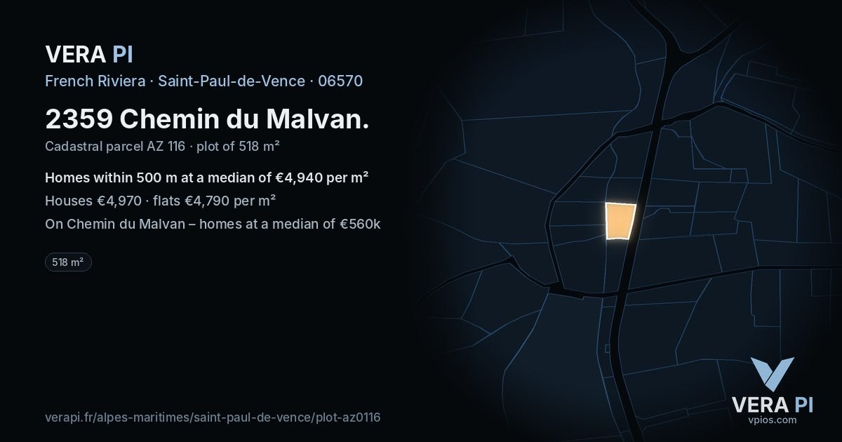 2359 Chemin du Malvan, Saint-Paul-de-Vence at night – the plot lit, the parcels around coloured by the prices near them