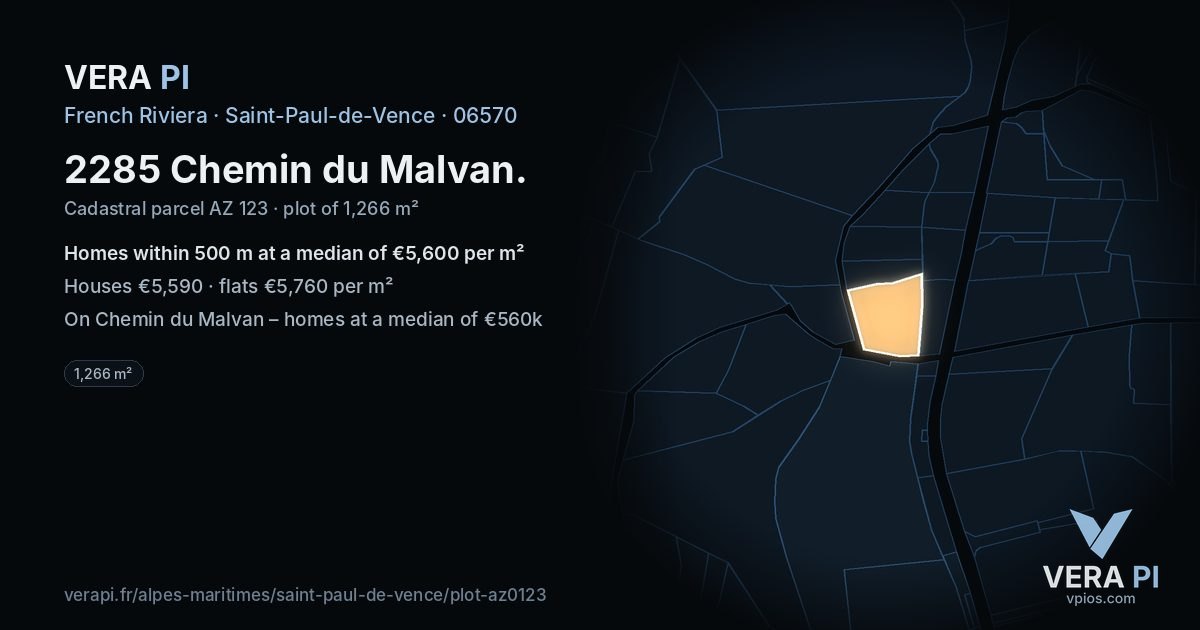 2285 Chemin du Malvan, Saint-Paul-de-Vence at night – the plot lit, the parcels around coloured by the prices near them