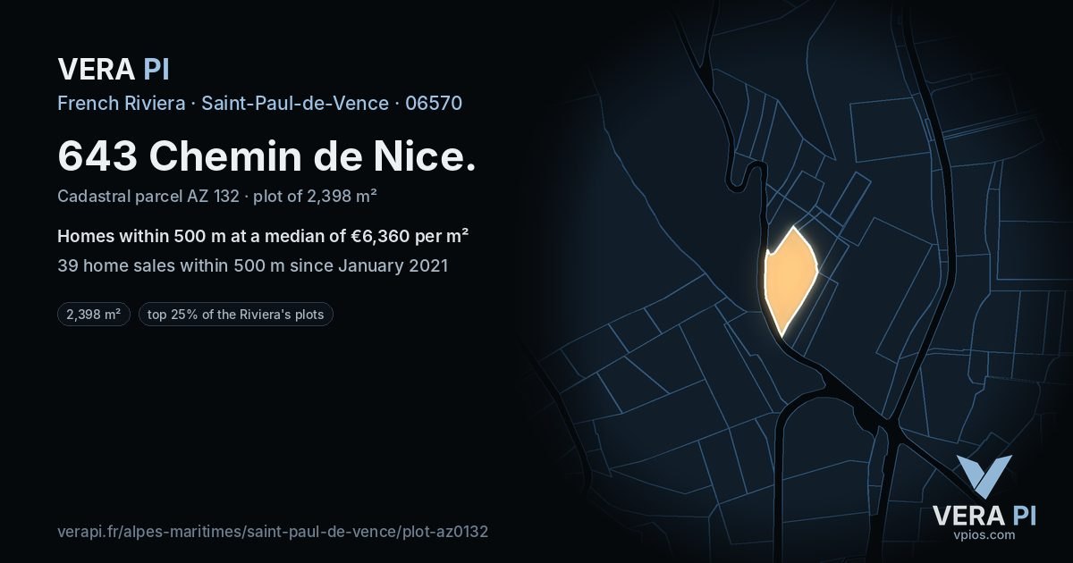 643 Chemin de Nice, Saint-Paul-de-Vence at night – the plot lit, the parcels around coloured by the prices near them