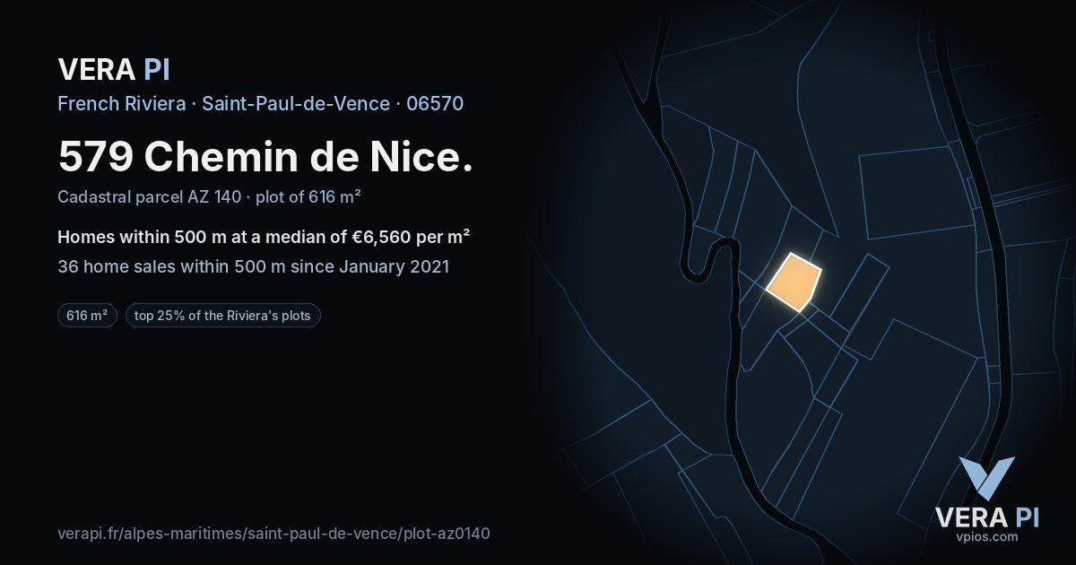 579 Chemin de Nice, Saint-Paul-de-Vence at night – the plot lit, the parcels around coloured by the prices near them
