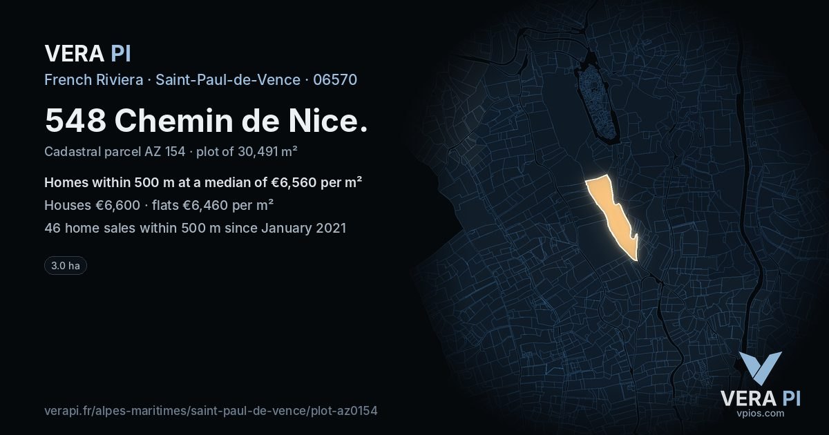 548 Chemin de Nice, Saint-Paul-de-Vence at night – the plot lit, the parcels around coloured by the prices near them